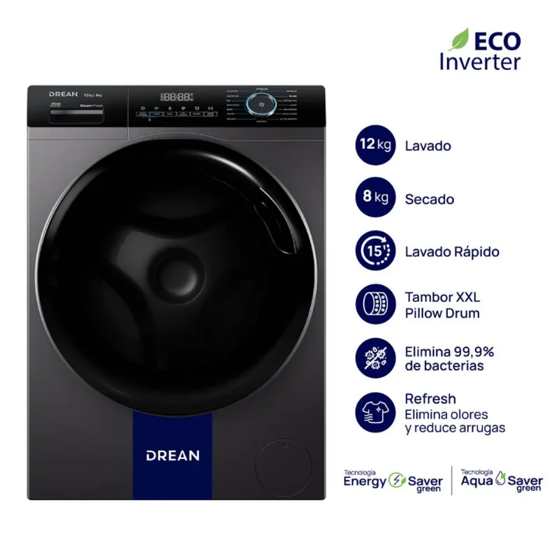 Lavasecarropas Carga Frontal Ecoinverter 12 Kg Gris Drean LSCDR1208SG0