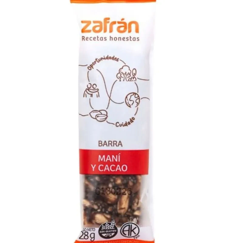 Barras de frutos secos maní y cacao Zafrán sin gluten 28 grs