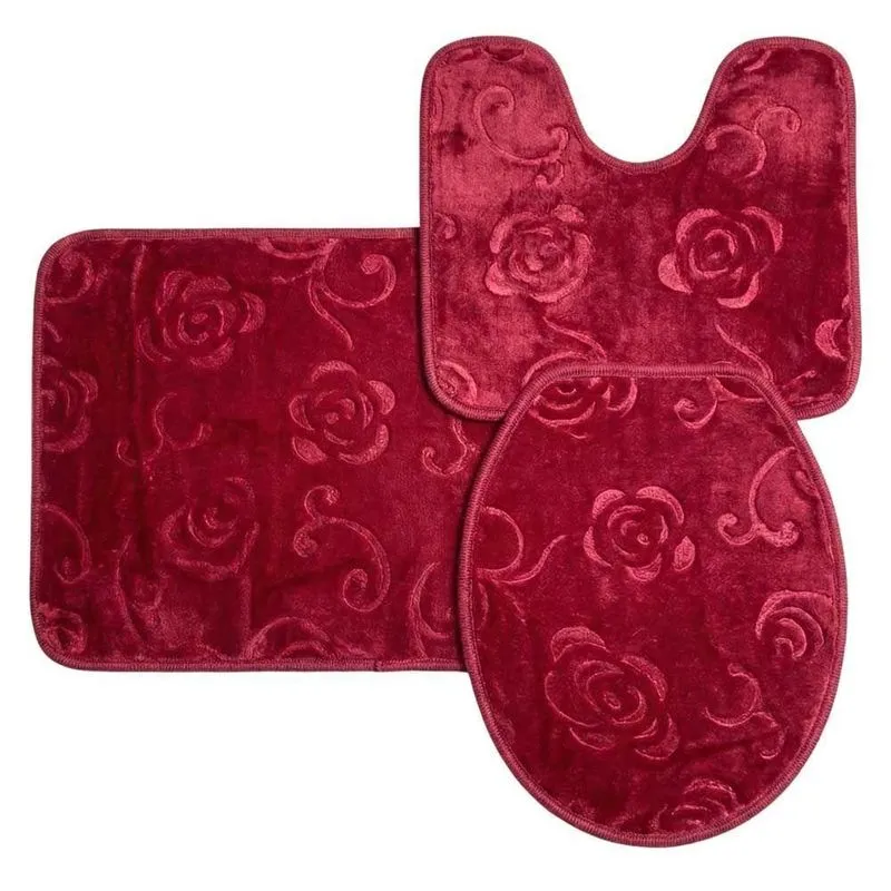 Jogo De Banheiro Flori 3 Peças Base Antiderrapante Estampado Floral Vermelho Clara Luz Decora