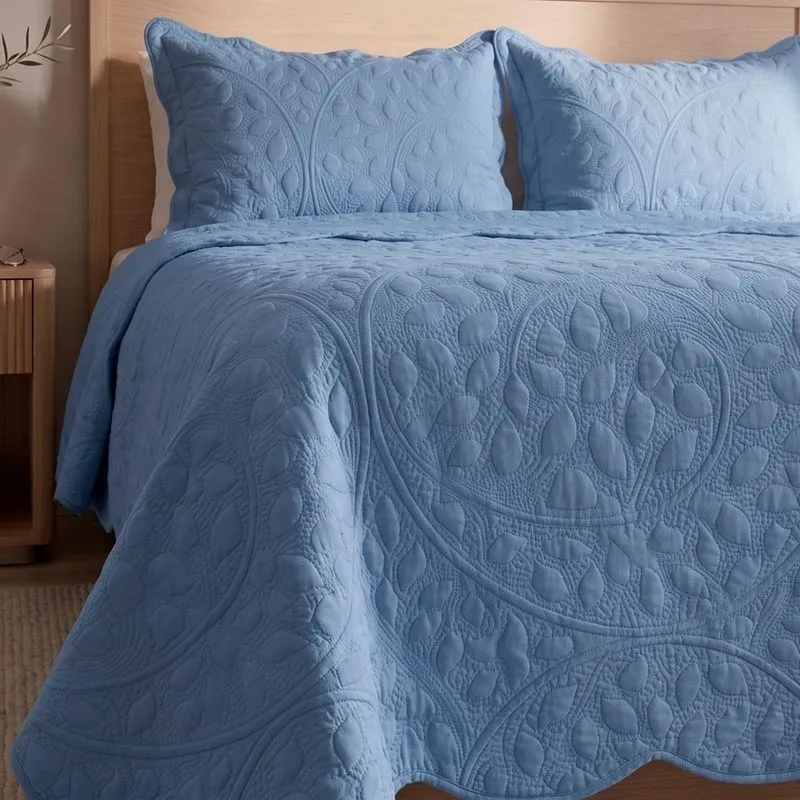 Kit Cobre Leito Colcha Inovare Casal 3 Peças Relevo Bordado Floral Micropercal 300 Fios - Azul