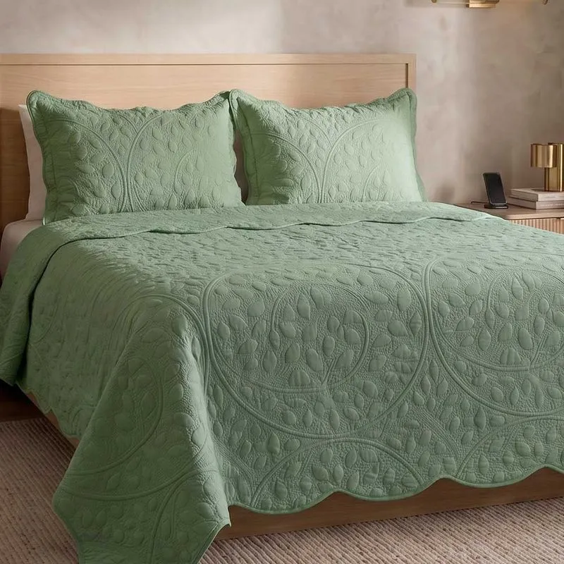 Kit Cobre Leito Colcha Inovare King 3 Peças Relevo Bordado Floral Micropercal 300 Fios - Verde