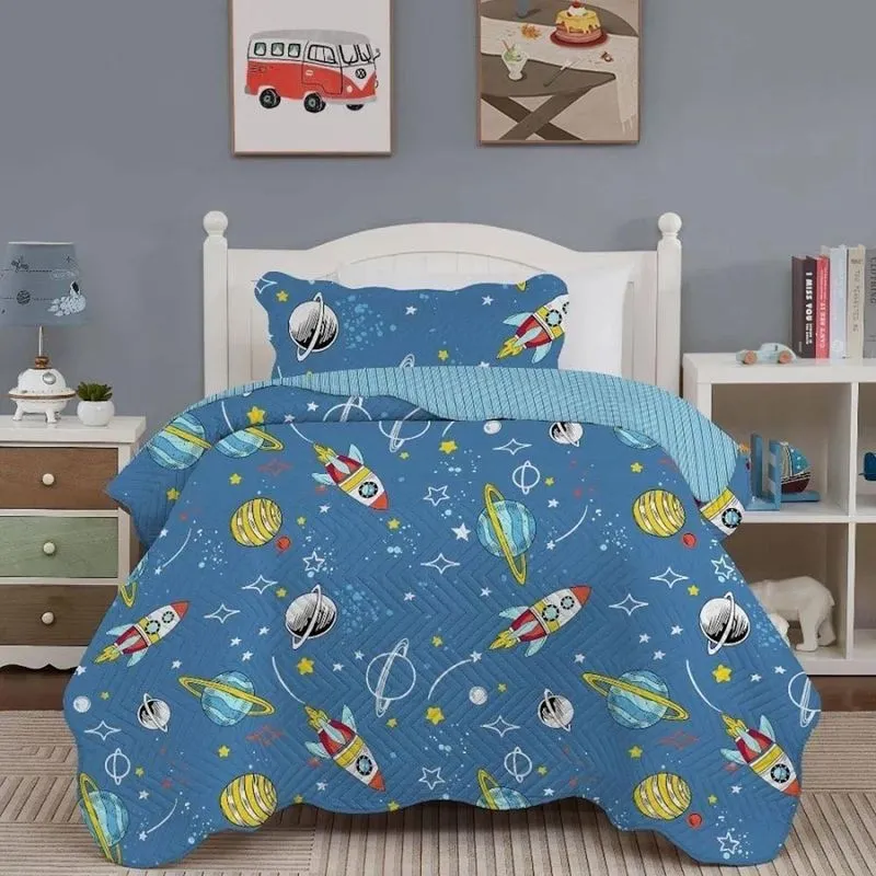 Kit Cobre Leito Colcha Magic Dupla Face Solteiro Infantil Menino 2 Peças Galáxia Nave Space