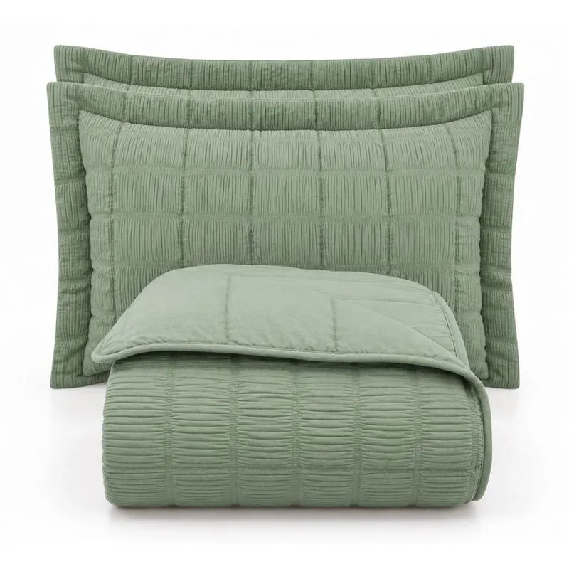 Kit Cobre Leito Colcha Yumi Casal 3 Peças Matelassê Efeito Creponado Macio Verde