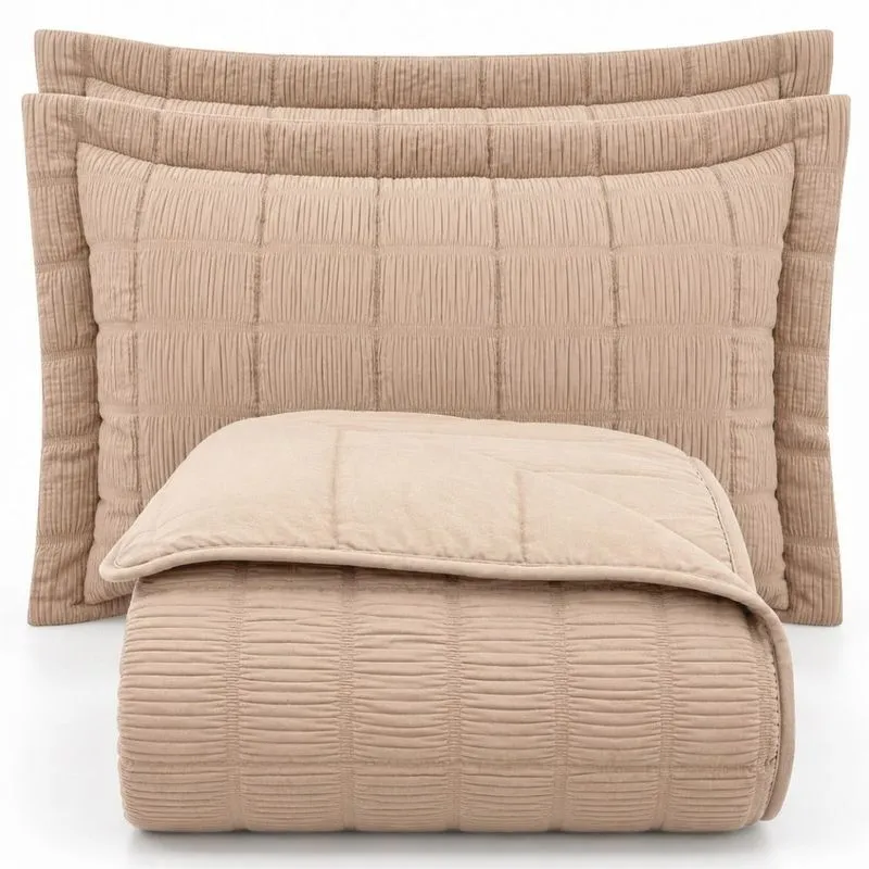 Kit Cobre Leito Colcha Yumi Queen 3 Peças Matelassê Efeito Creponado Macio Areia