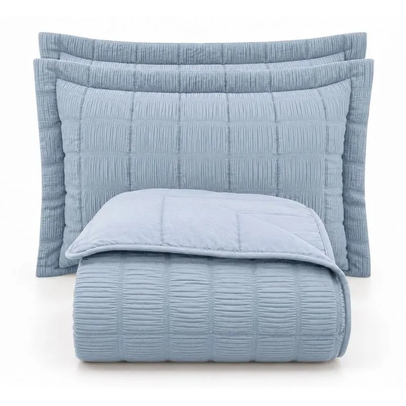Kit Cobre Leito Colcha Yumi Queen 3 Peças Matelassê Efeito Creponado Macio Azul