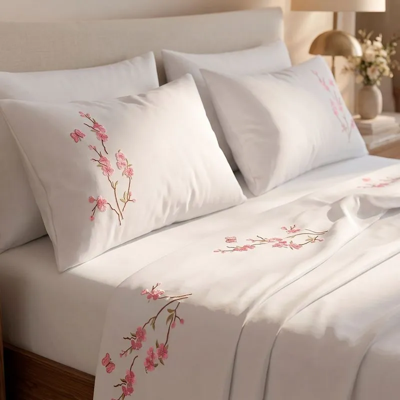 Jogo de Cama Lençol Naturale Casal 4 Peças Micropercal 300 Fios Bordado Floral - Branco