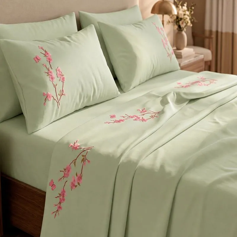 Jogo de Cama Lençol Naturale Queen 4 Peças Micropercal 300 Fios Bordado Floral - Verde Erva Doce