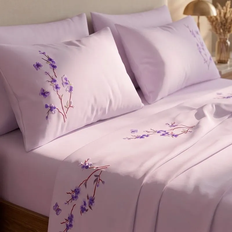 Jogo de Cama Lençol Naturale King 4 Peças Micropercal 300 Fios Bordado Floral - Lavanda