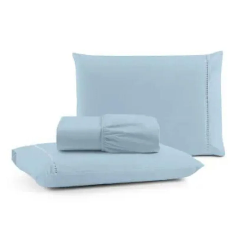 Jogo de Cama Queen 3 Peças Micropercal 600 Fios Egípcio Algodão Azul Casa Show Enxovais