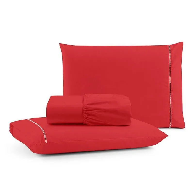 Jogo de Cama Queen 3 Peças Micropercal 600 Fios Algodão Vermelho Casa Show Enxovais