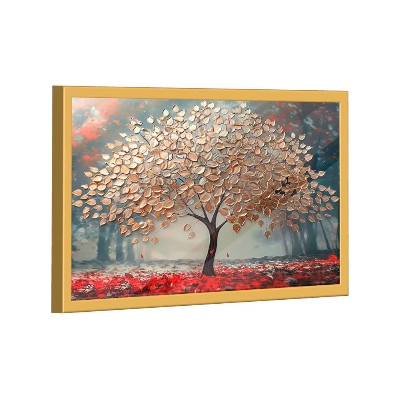 Quadro Decorativo Árvore Dourada Com Lindas Folhas 84x54cm Moldura Dourada