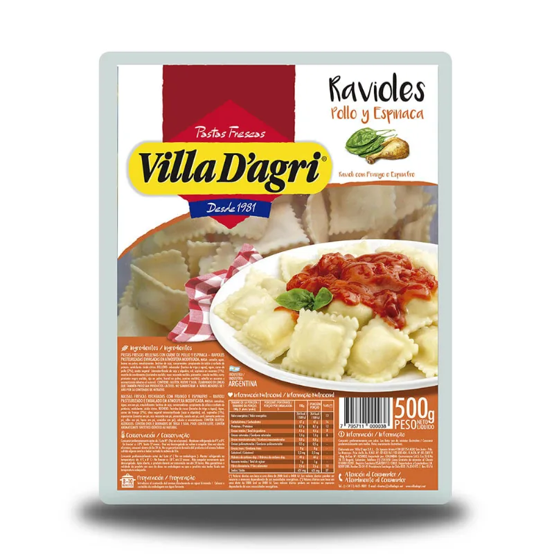 Ravioles de Pollo, Jamón y Espinaca Frescas 500 Grs Villa D'Agri