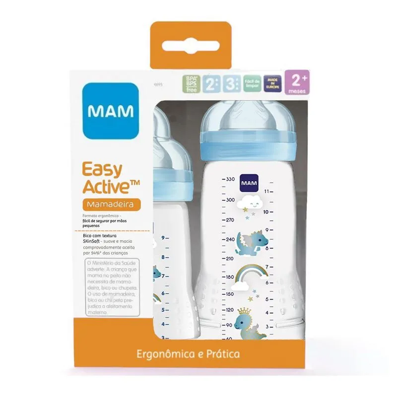 Kit 2 Mamadeiras Mam Azul Menino Easy Active 270/330ml 2+mes