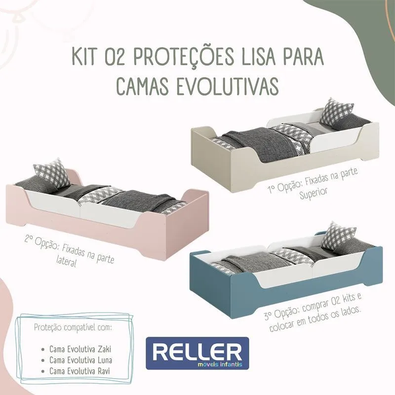 Cama Evolutiva Zaki, 2 Kits Proteção Lateral Lisa e Colchão D33 - Reller Móveis Branco Fosco