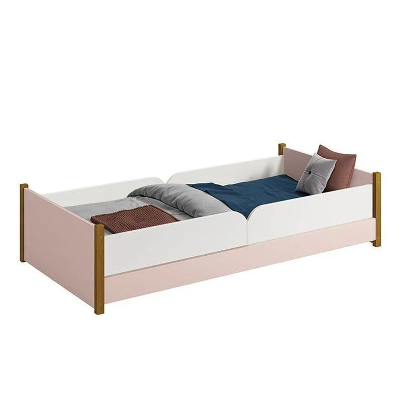 Cama Evolutiva Ravi Rosa Fosco Com Pés Amadeirado E 2 Kits Proteção Lateral Lisa - Reller Móveis Rosa Fosco