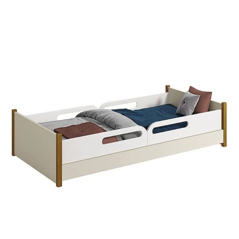 Cama Evolutiva Ravi com Pés Amadeirado e 2 Kits Proteção Lateral MDF Areia Fosco Reller Móveis