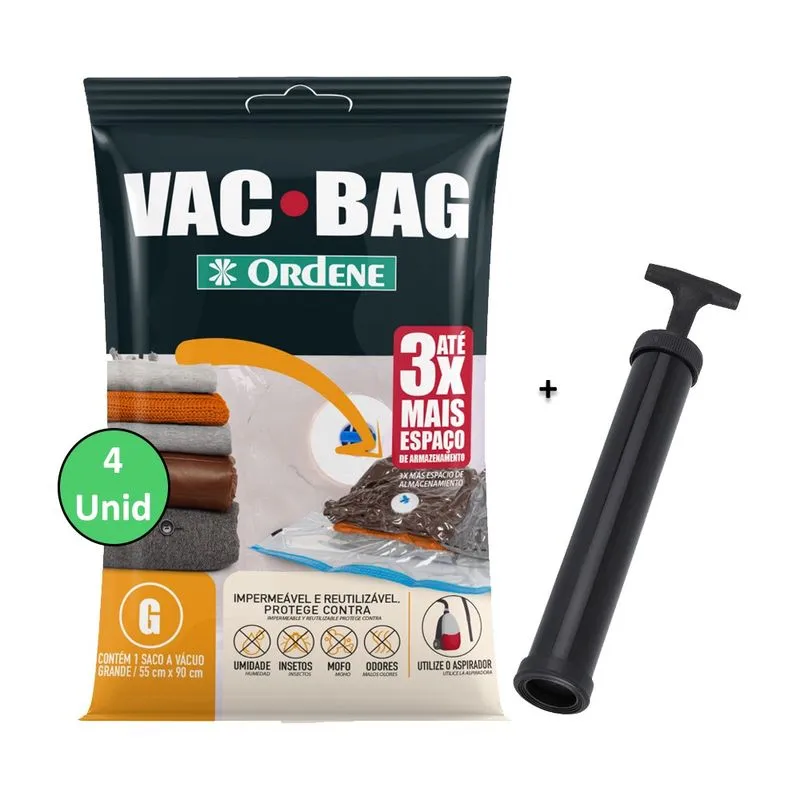 Kit 4 Saco A Vacuo Grande 55x90cm Vac Bag Mala + Bomba Ordene