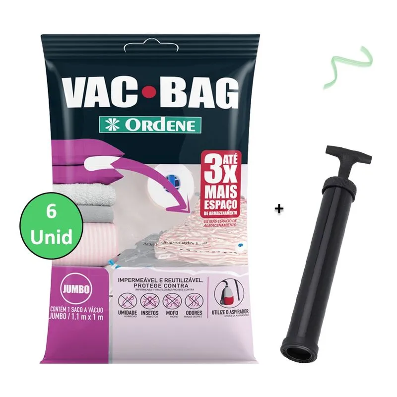 Kit 6 Saco A Vacuo Jumbo 110x100cm Vac Bag Mala + Bomba Ordene