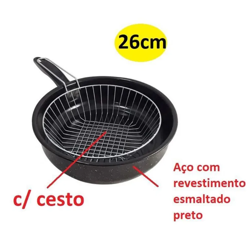 Fritadeira Aço Esmaltada Com Cesto E Cabo Baquelite 26cm