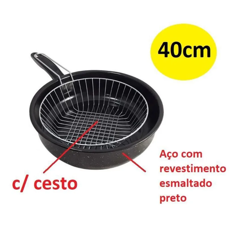 Fritadeira Aço Esmaltada Com Cesto E Cabo Baquelite 40cm