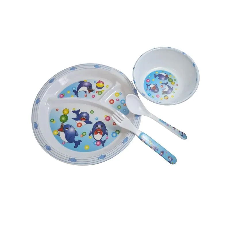 Kit Alimentação Infantil Prato + Talheres + Tigela Azul