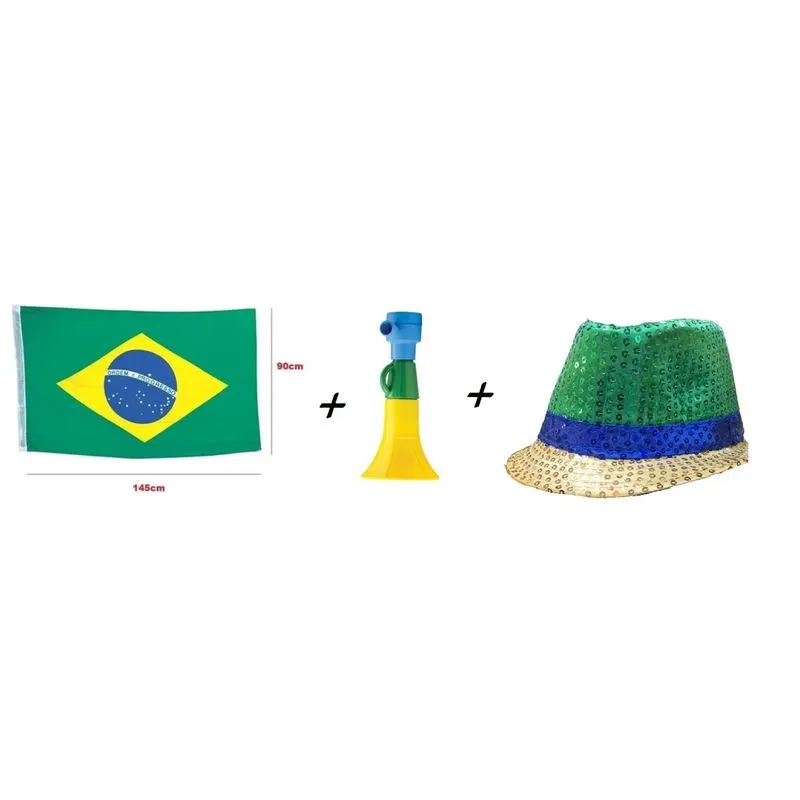 Kit Copa Do Mundo Bandeira Brasil Grande + Corneta + Chapéu