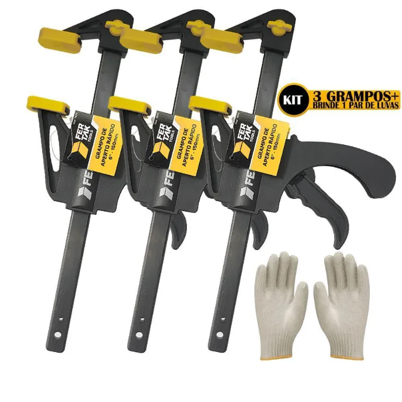 Grampo De Aperto Rápido Fertak C/3 Peças 6 15Cm + Luvas