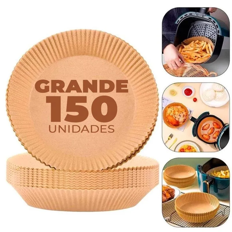 Kit 150 Forma Redonda Descartável Grande para Fritadeira Elétrica Air Frayer 16cm Antiaderente Suporta até 230ºC