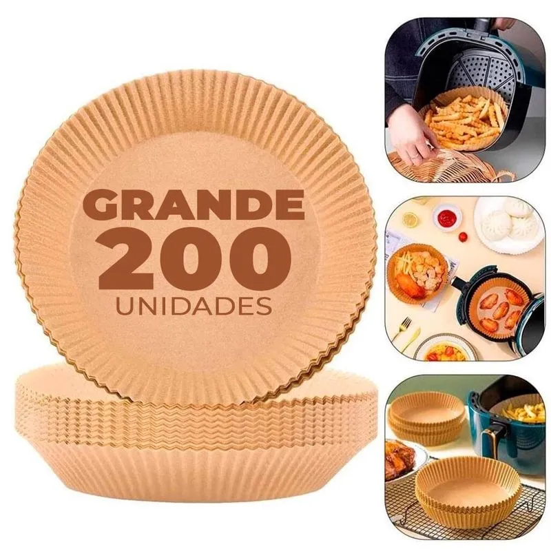 Kit 200 Forma Redonda Descartável Grande para Fritadeira Elétrica Air Frayer 16cm Antiaderente Suporta até 230ºC
