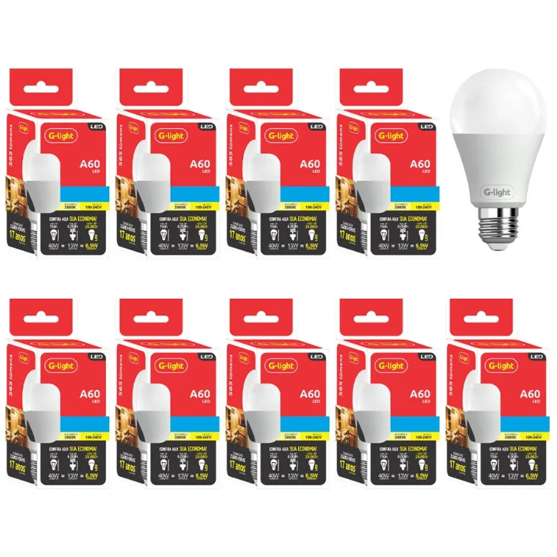 Kit 10 Lâmpadas Bulbo Led 6,5W A60 6500K 565 Lúmens Econômica Bivolt Branco 200º Abertura Frio G-Light