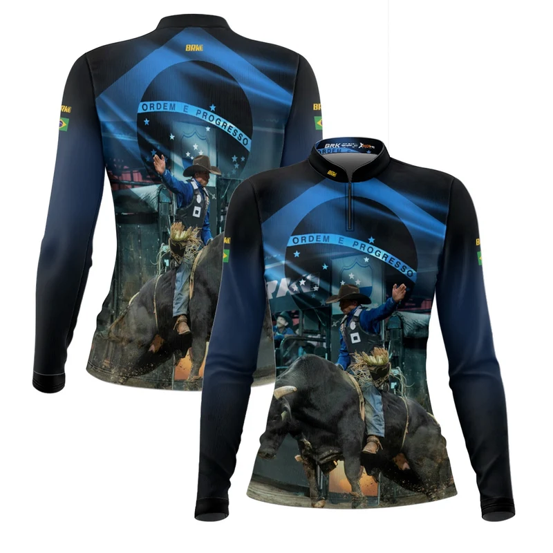 Camisa Agro Feminina Brk Rodeio Brasil Azul com Proteção Solar UV50+ M