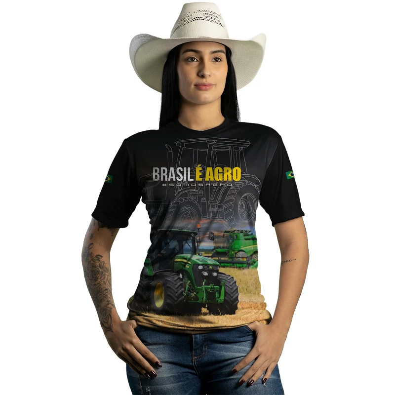 Camiseta Agro Feminina Brk Preta Brasil é Agro com Proteção Solar UV50+ P