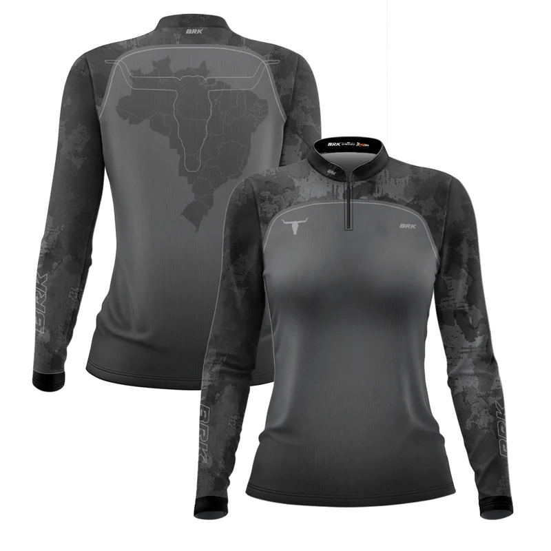 Camisa Agro Feminina Brk Camo Long Horn Brasil Cinza com Proteção Solar UV50+ G1