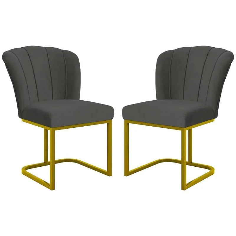 Kit 2 Cadeiras Poltrona Flor Pés Metal Dourado Mesa Quarto Cozinha Cinza
