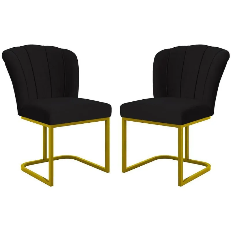 Kit 2 Cadeiras Poltrona Flor Pés Metal Dourado Mesa Quarto Cozinha Preto