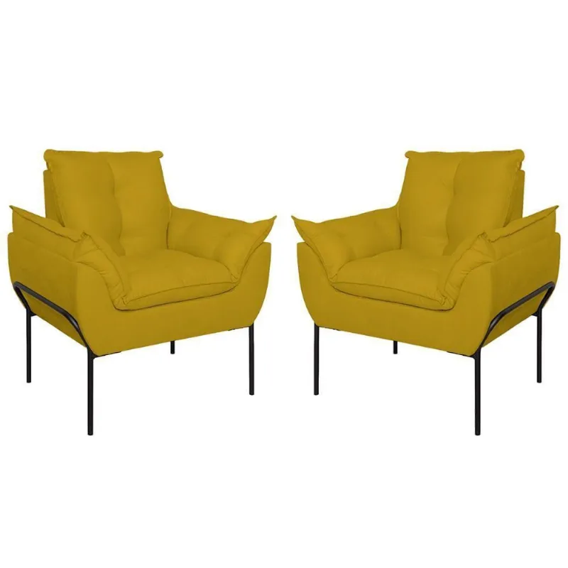 Kit 02 Poltronas Base Metal Preto Sala Quarto Balaqui Decor Amarelo