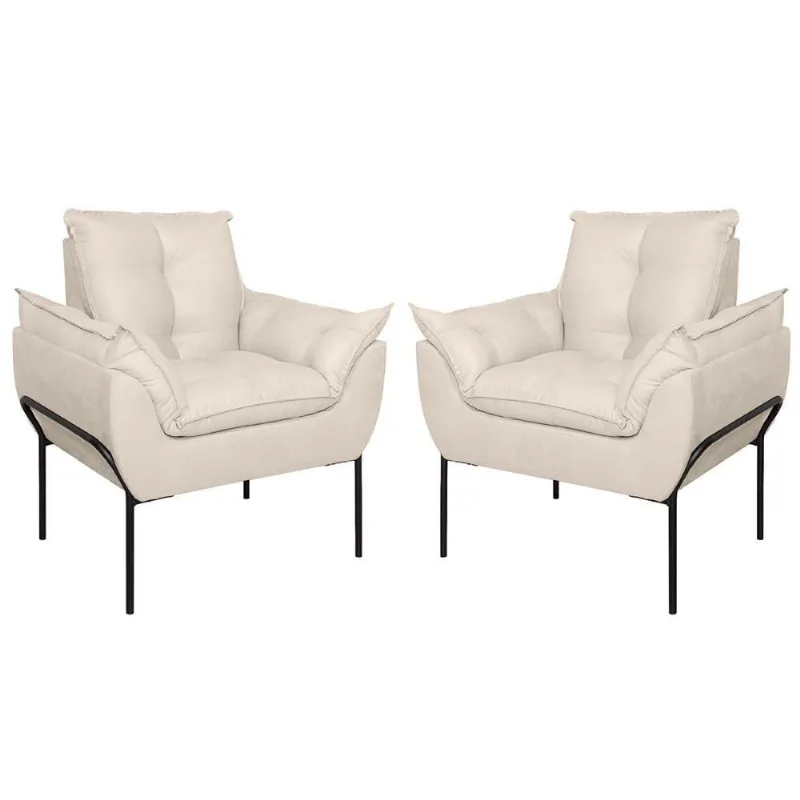 Kit 02 Poltronas Base Metal Preto Sala Quarto Balaqui Decor Bege