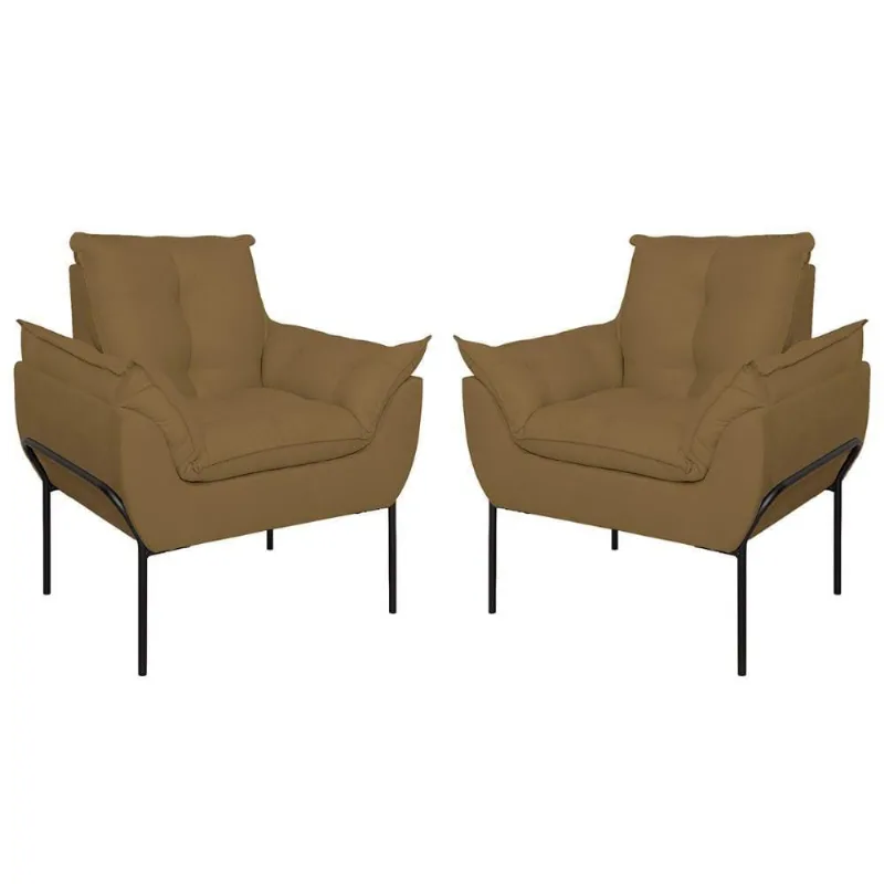 Kit 02 Poltronas Base Metal Preto Sala Quarto Balaqui Decor Capuccino