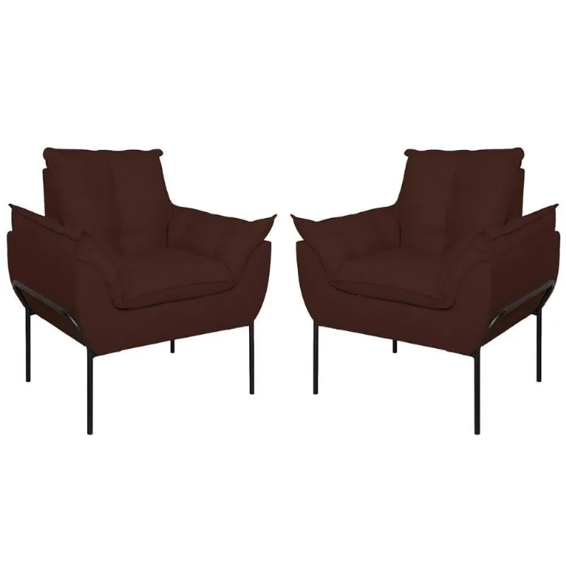Kit 02 Poltronas Base Metal Preto Sala Quarto Balaqui Decor Marrom