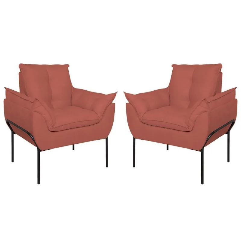Kit 02 Poltronas Base Metal Preto Sala Quarto Balaqui Decor Rosa