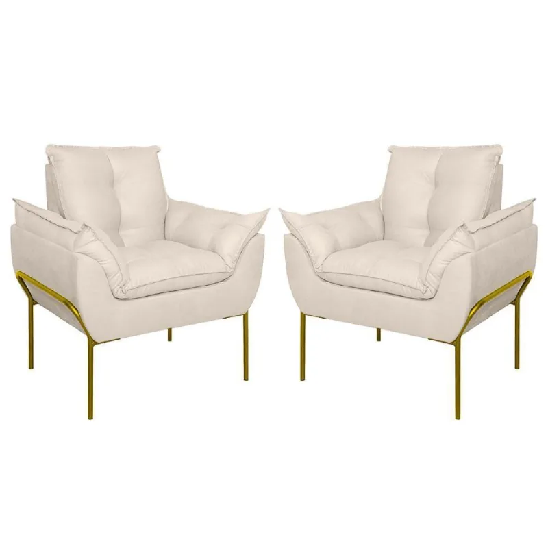 Kit 02 Poltronas Base Metal Dourada Sala Quarto Balaqui Decor Bege