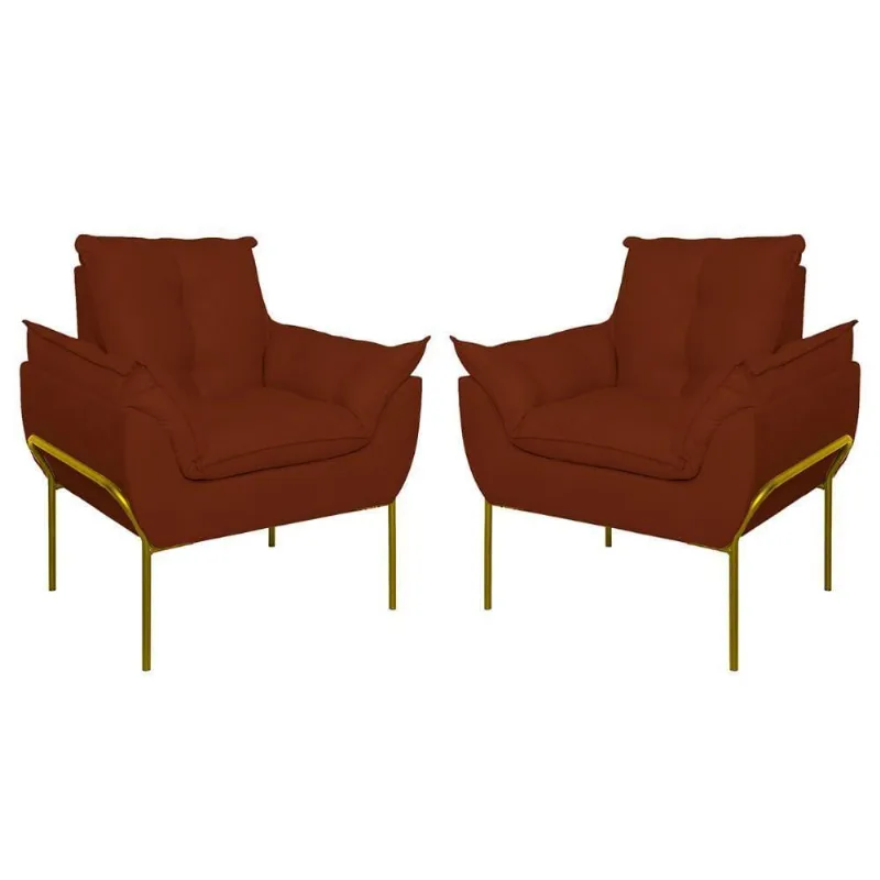 Kit 02 Poltronas Base Metal Dourada Sala Quarto Balaqui Decor Terracota