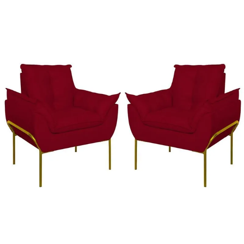Kit 02 Poltronas Base Metal Dourada Sala Quarto Balaqui Decor Vermelho