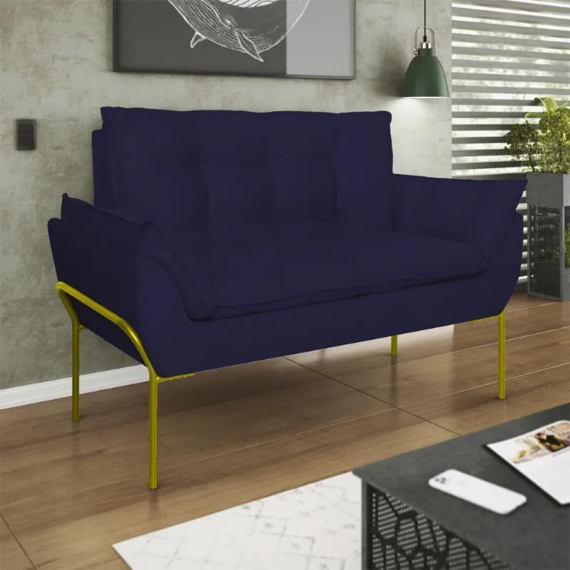 Poltrona Sofá Luxo Base Metal Dourado Recepção Escritório Azul Marinho