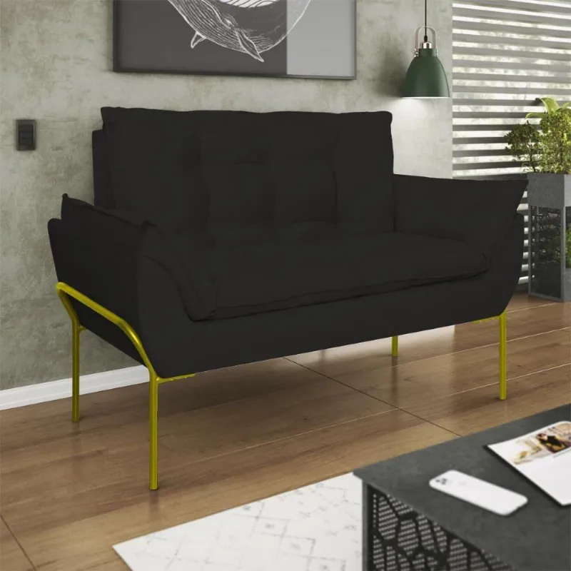 Poltrona Sofá Luxo Base Metal Dourado Recepção Escritório Preto
