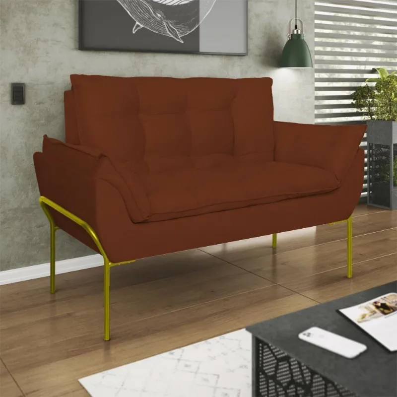 Poltrona Sofá Luxo Base Metal Dourado Recepção Escritório Terracota