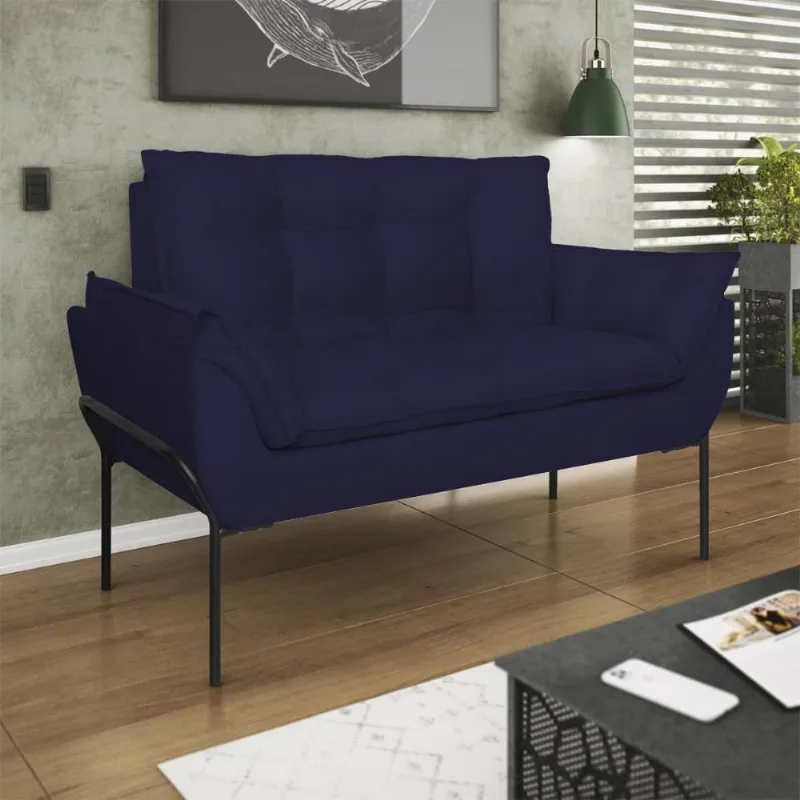 Poltrona Sofá Luxo Base Metal Preto Recepção Escritório Azul Marinho