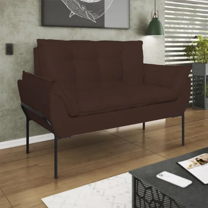 Poltrona Sofá Luxo Base Metal Preto Recepção Escritório Marrom