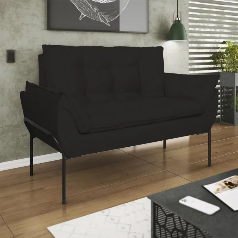 Poltrona Sofá Luxo Base Metal Preto Recepção Escritório Preto