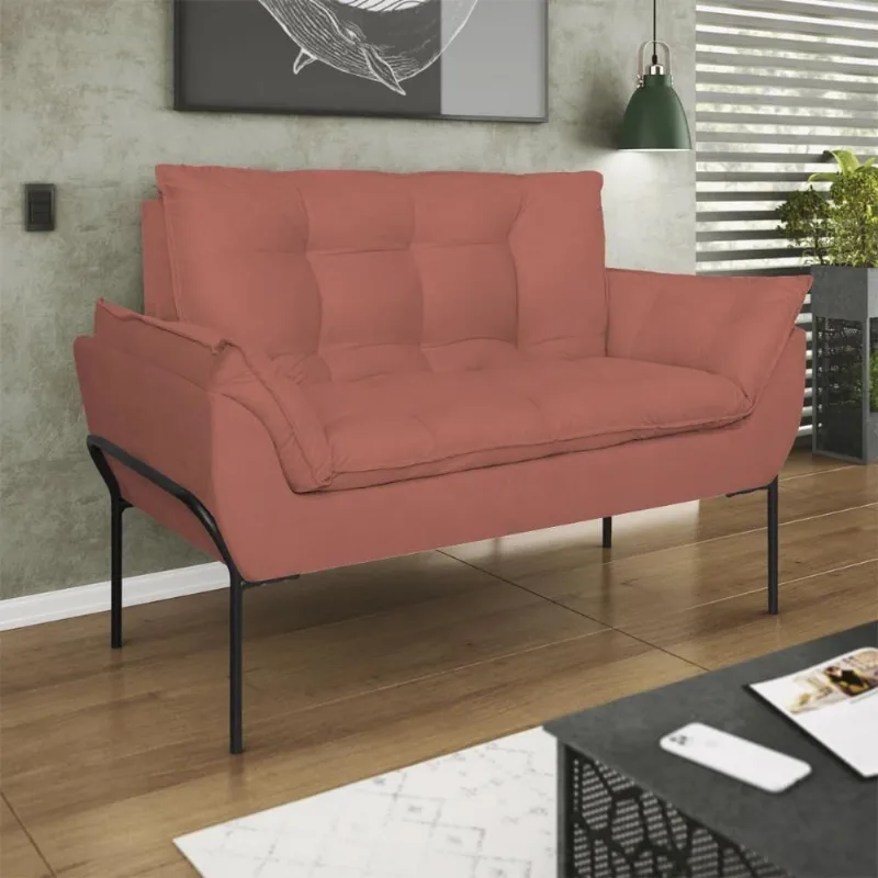 Poltrona Sofá Luxo Base Metal Preto Recepção Escritório Rosa